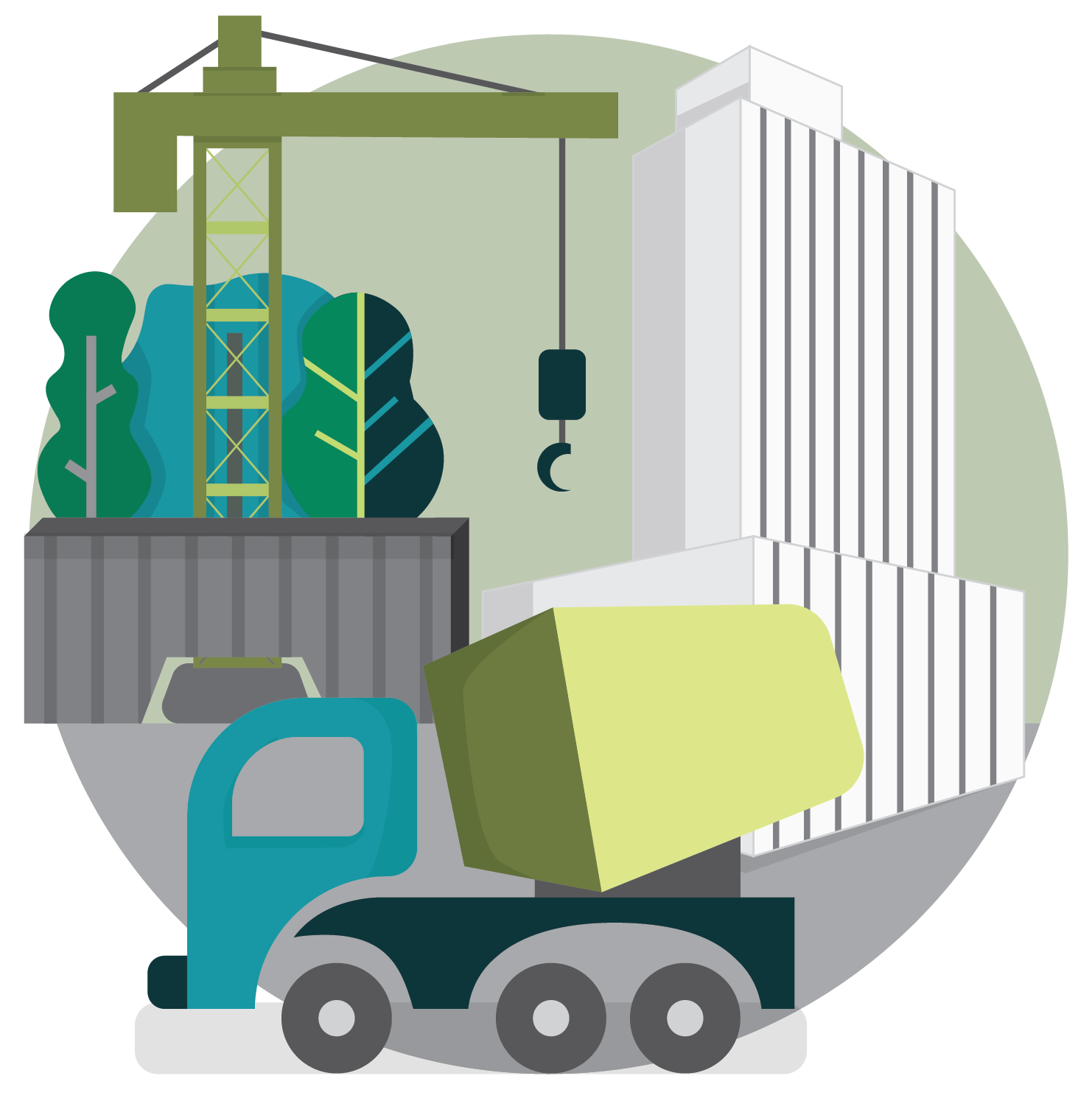 Illustration of a construction vehicle, a crane, and a new building being built in the colors of the Sustainable Columbia brand
