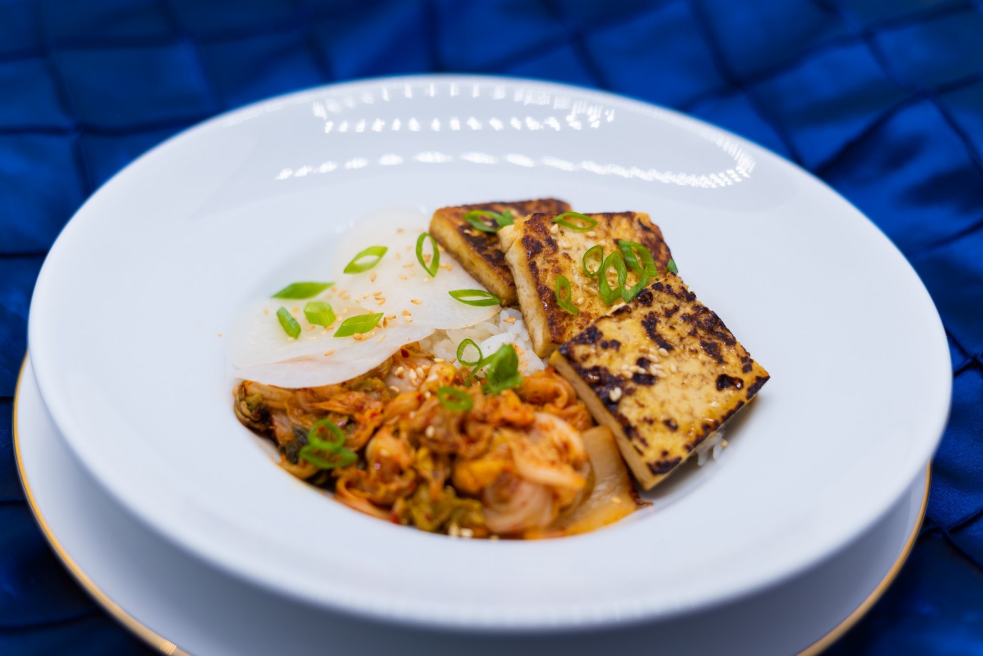 Maple Soy Glazed Tofu with Kimchi, Toasted Sesame Seeds, Daikon Radish, Jasmine Rice