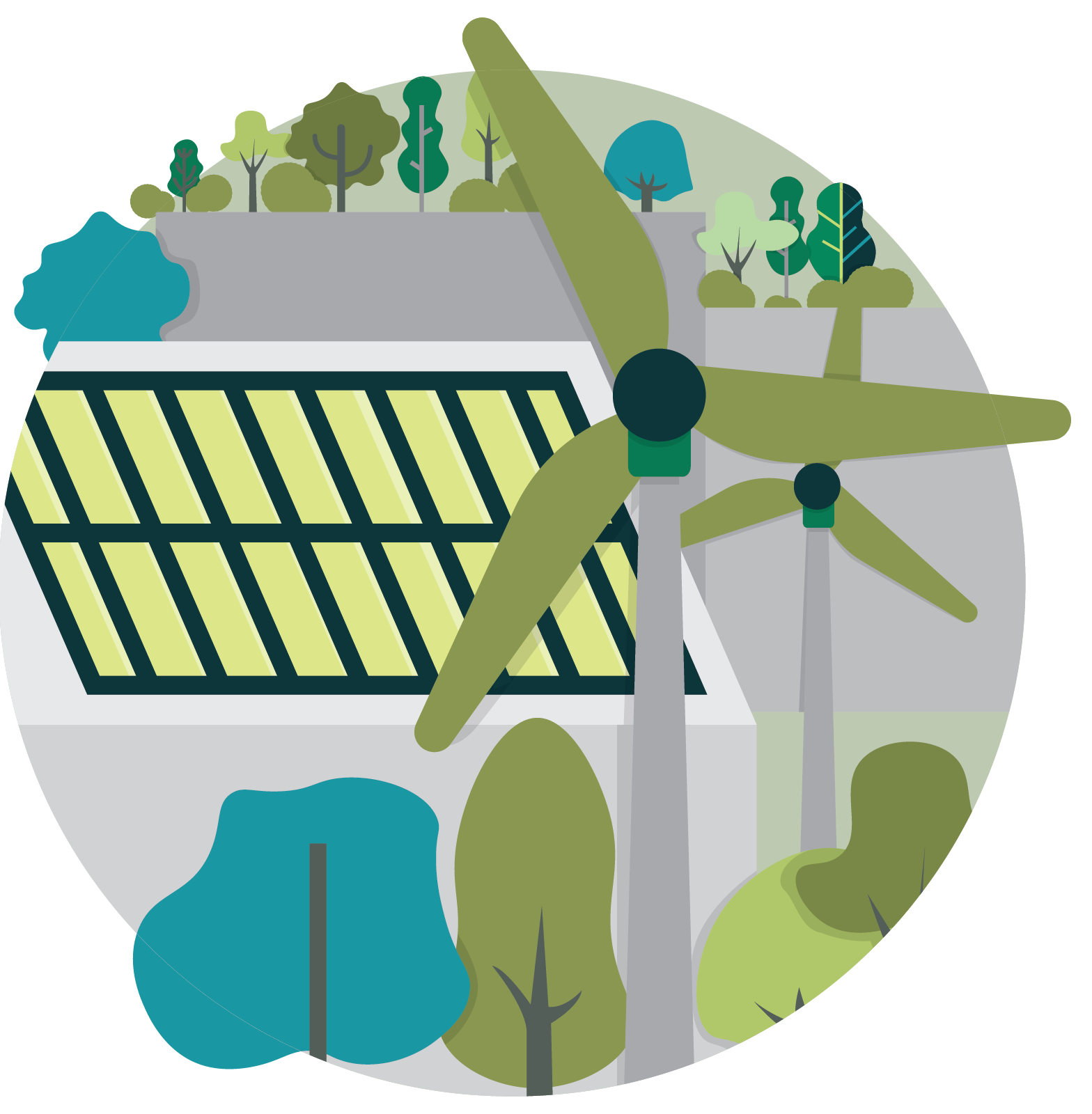 Illustration of solar panels and wind turbines atop campus buildings with some trees in the colors of the Sustainable Columbia brand