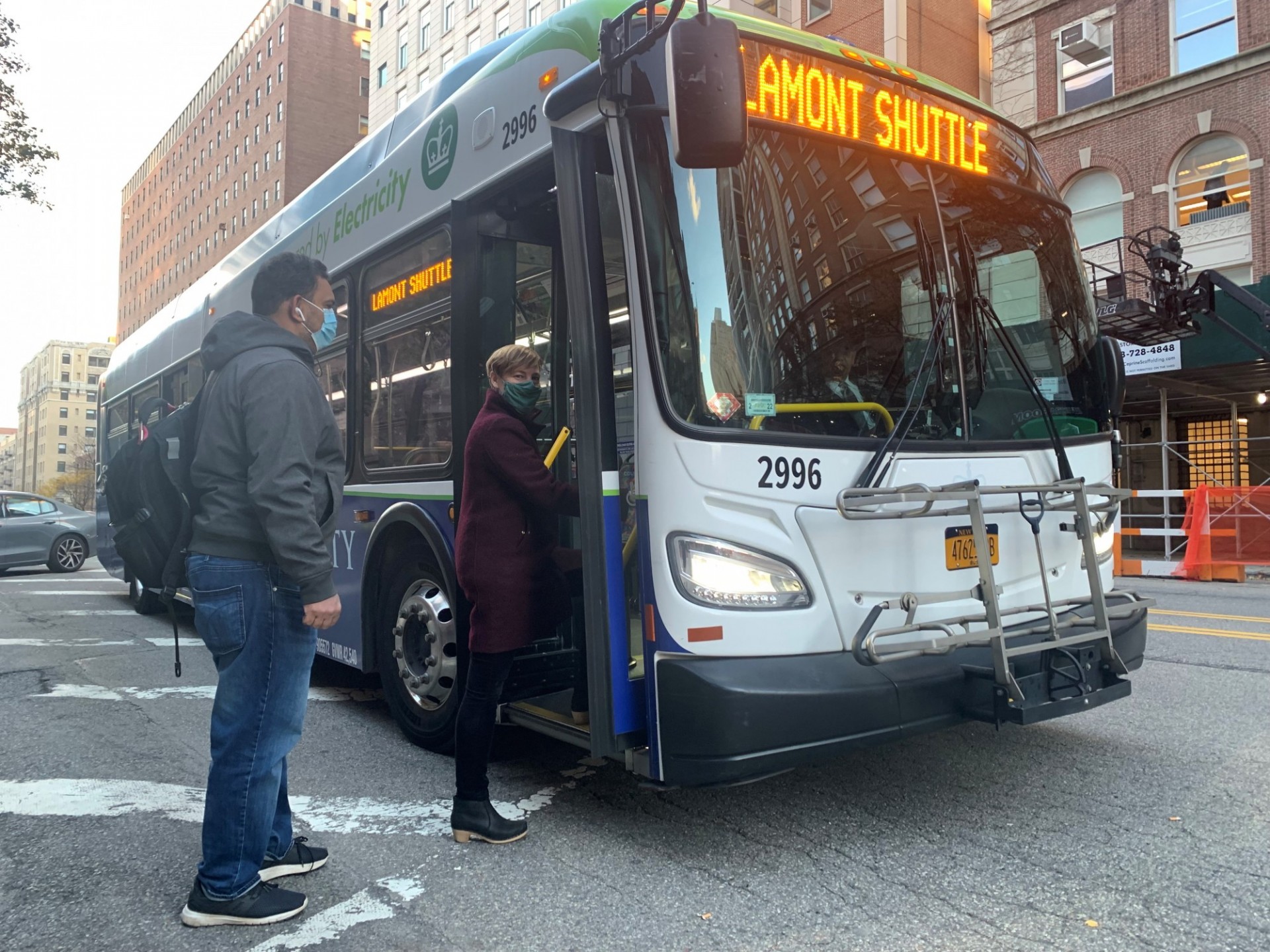 Passengers board the Lamont shuttle outside Teachers College on 120th Street in Manhattan