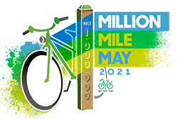 Bike NY's Million Mile May event logo with a bike near a 1 mile marker, colorful