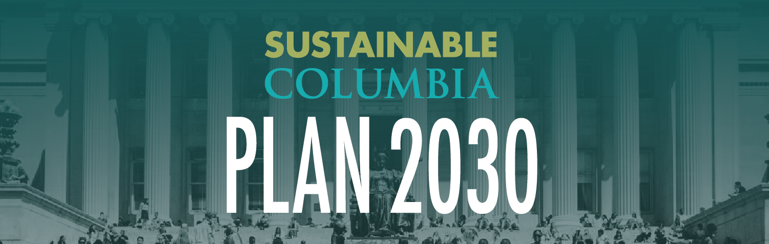 Text: Sustainable Columbia Plan 2030; Photo of Low Library with Alma Mater and crowd of people on the steps.
