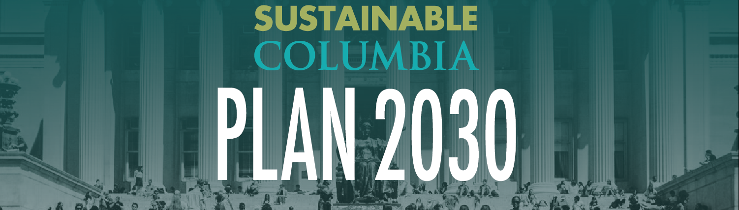 Text: Sustainable Columbia Plan 2030; Photo of Low Library with Alma Mater and crowd of people on the steps.