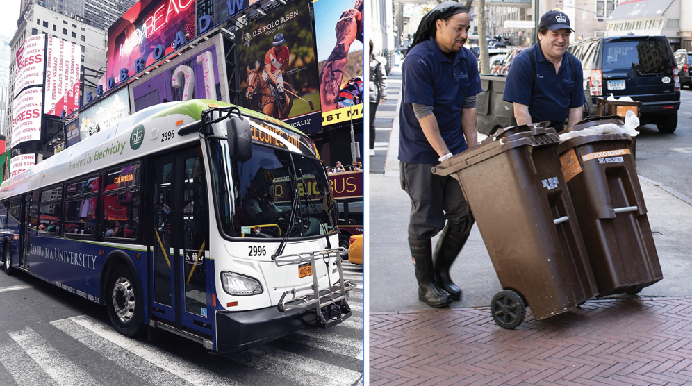 Left: Sustainable Columbia electric bus in Times Square for the ACT International Conference in August, 2019; Right: Columbia Dining employees roll bins full of compost to the curb for DSNY organics collection. Bus and bins