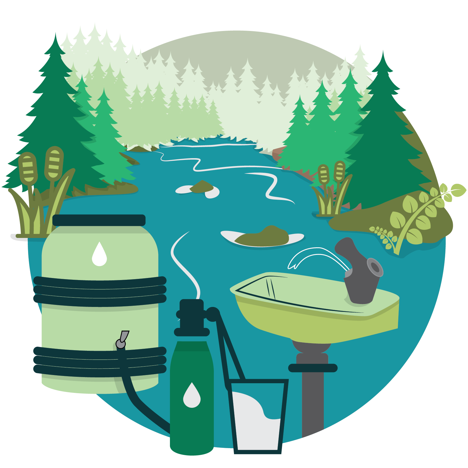 Illustration of a watershed with trees and a river in the background, with a water barrel, a water fountain, and a reusable water bottle in the foreground.