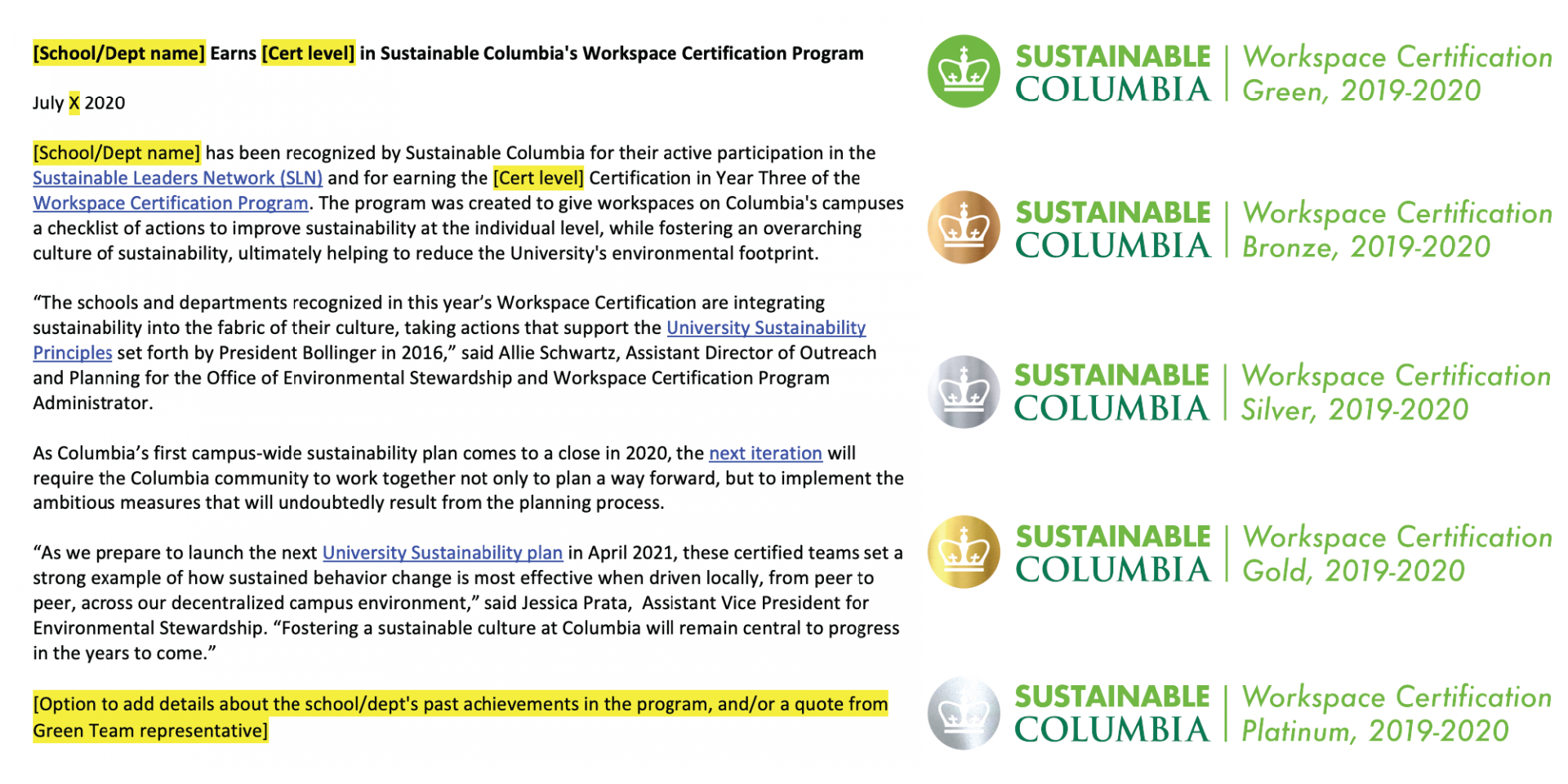Press Release Template and Badges for each level of certification