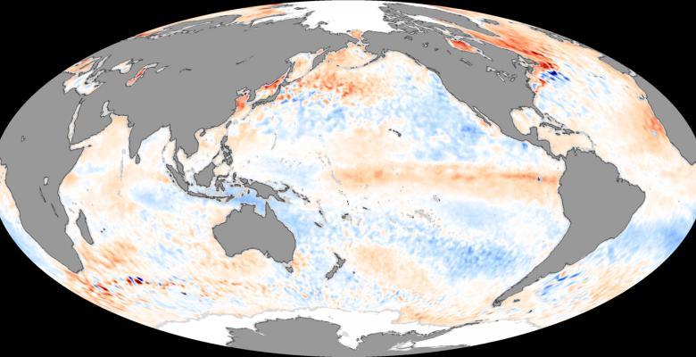 This NASA image shows the global rise of sea surface temperatures.