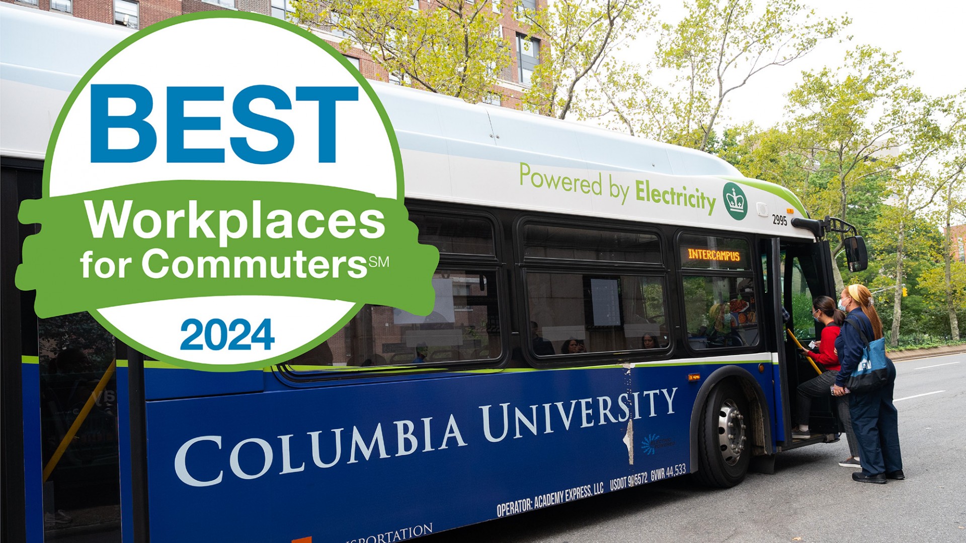 Best Workplaces for Commuters 2024 logo over an image of the Columbia University shuttle bus picking up passengers at a Manhattan bus stop