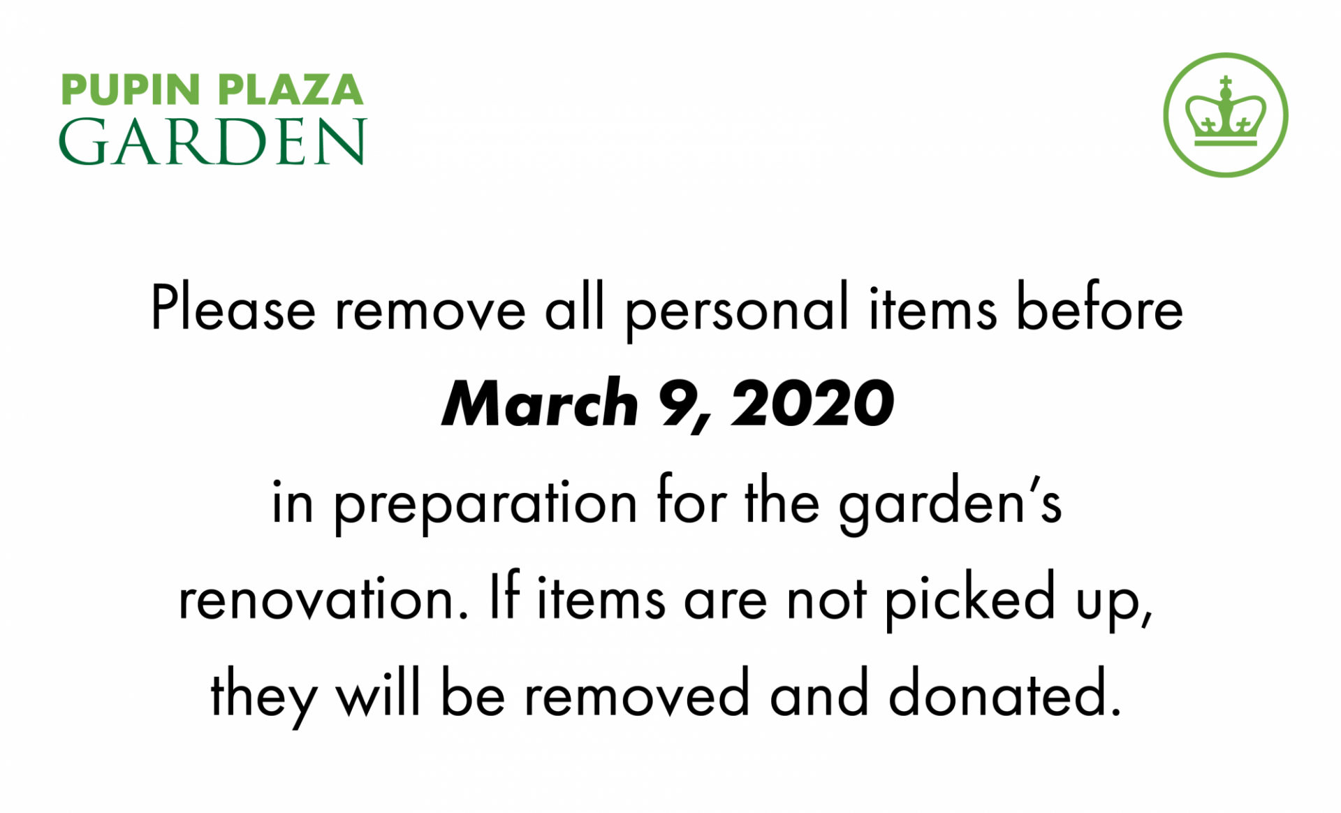 Pupin Plaza Garden notice March 9