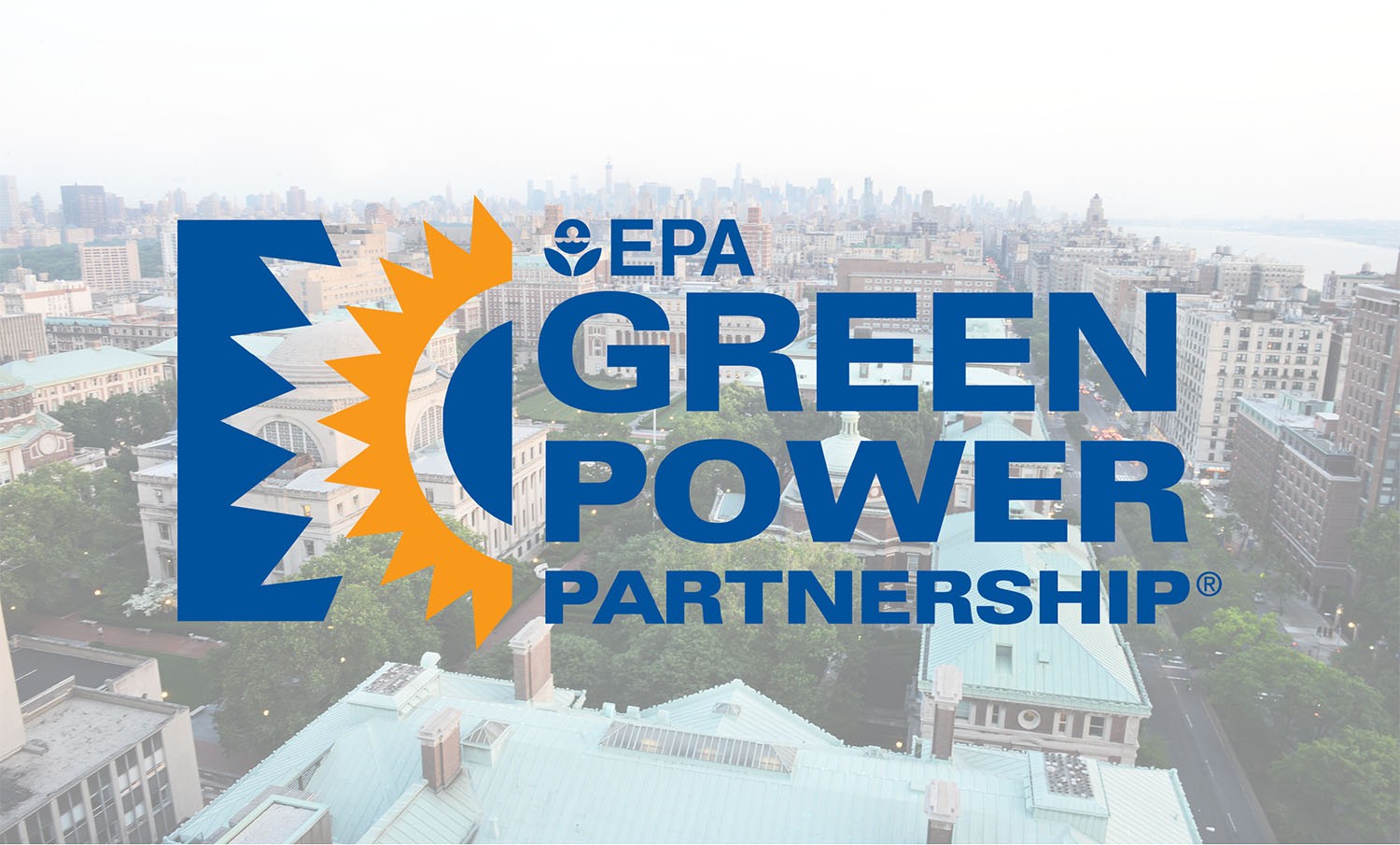 Aerial photo of Columbia's Morningside Campus overlayed by the EPA Green Power Partnership logo.