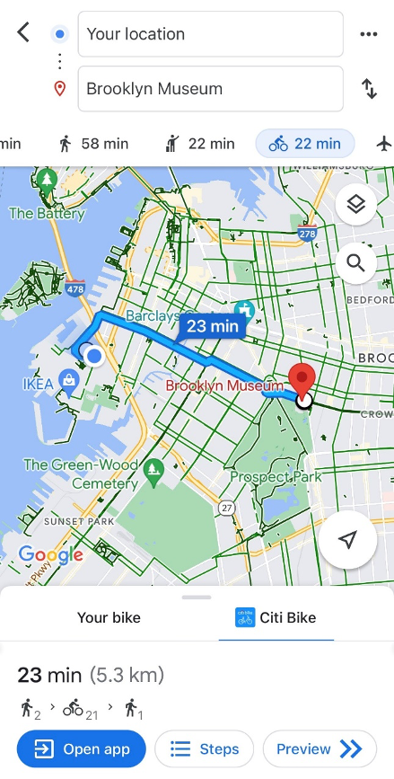 Google Map showing Citi Bike designation