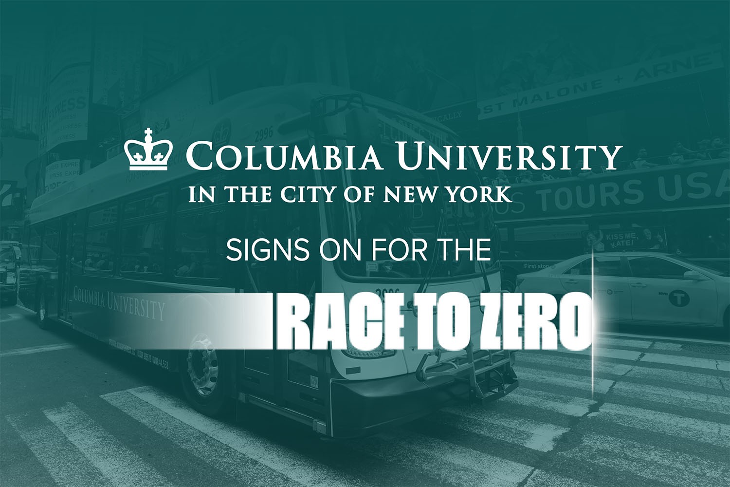 Columbia University logo and Race to Zero logo on teal background with transparent image of electric bus