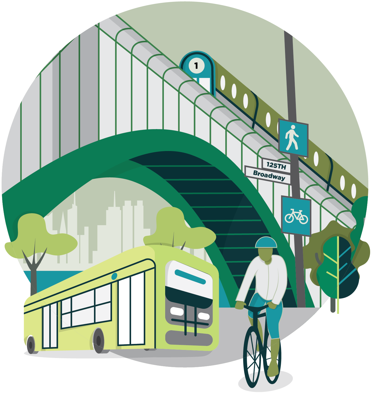 Illustration of an intersection with a bus, a bicycle rider, and the subway overhead to represent transportation in the brand colors of Sustainable Columbia