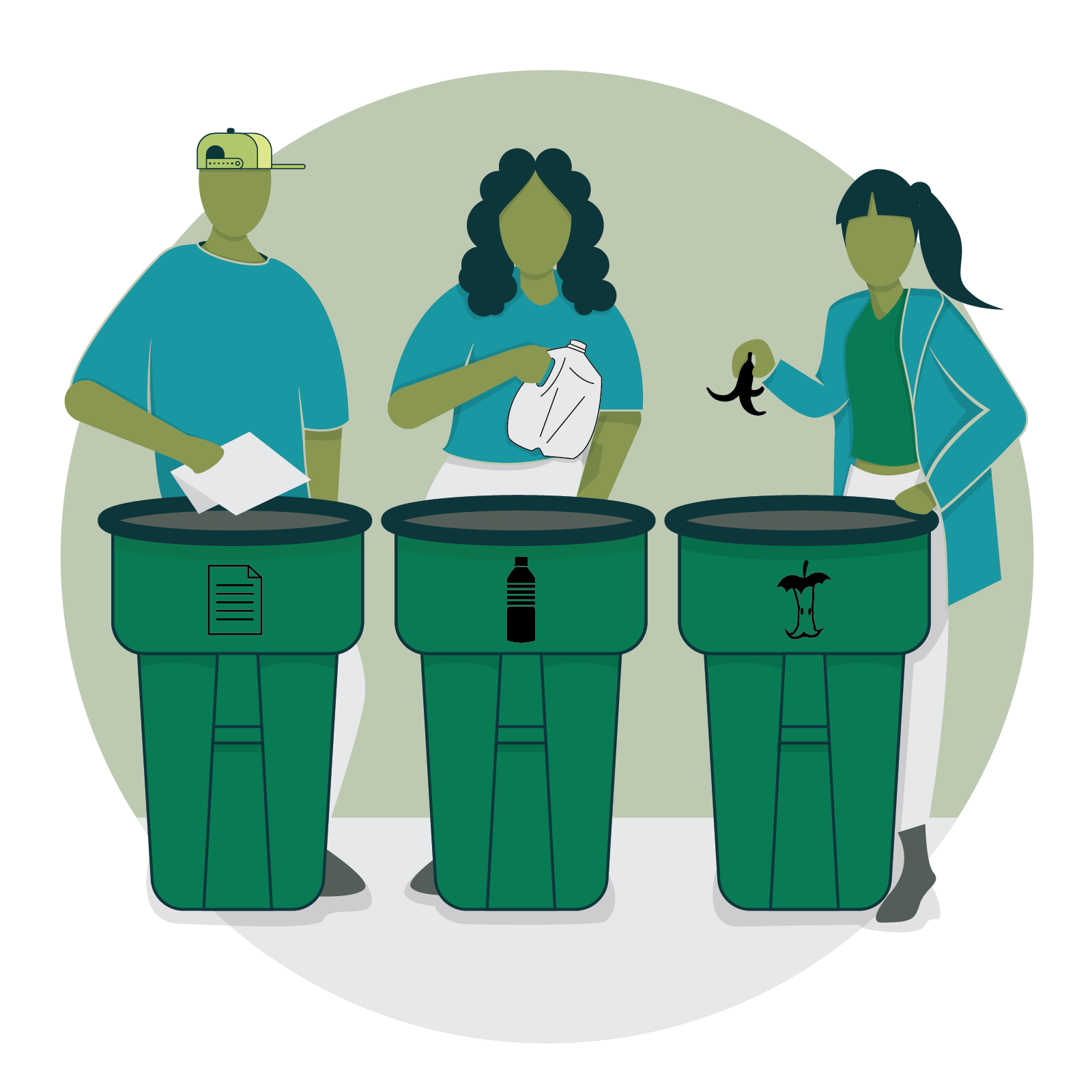 Illustration of three people each standing behind a recycling bin, and each of them are throwing away a piece of waste into the appropriate bin.