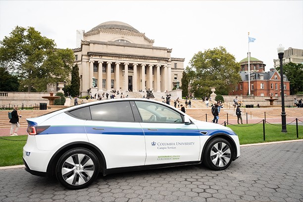 Columbia campus services fleet vehicle on College Walk