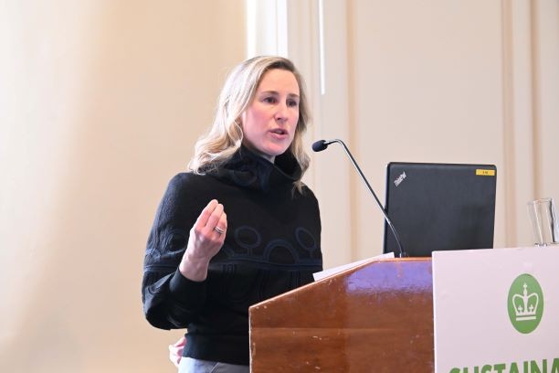 Jessica Prata, Assistant Vice President for Columbia University’s Office of Sustainability welcomed attendees and shared updates on Columbia’s own progress towards decarbonization. Jessica Prata, Assistant Vice President for Columbia University’s Office of Sustainability welcomed attendees and shared updates on Columbia’s own progress towards decarbonization.