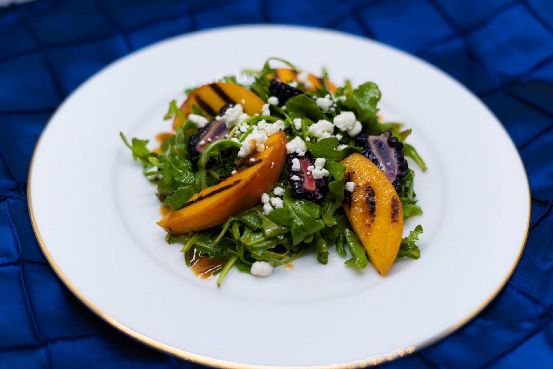 Grilled Peaches & Arugula Salad with Blackberries, Crumbled Goat Cheese, Balsamic Vinegar Dressing Grilled Peaches & Arugula Salad with Blackberries, Crumbled Goat Cheese, Balsamic Vinegar Dressing