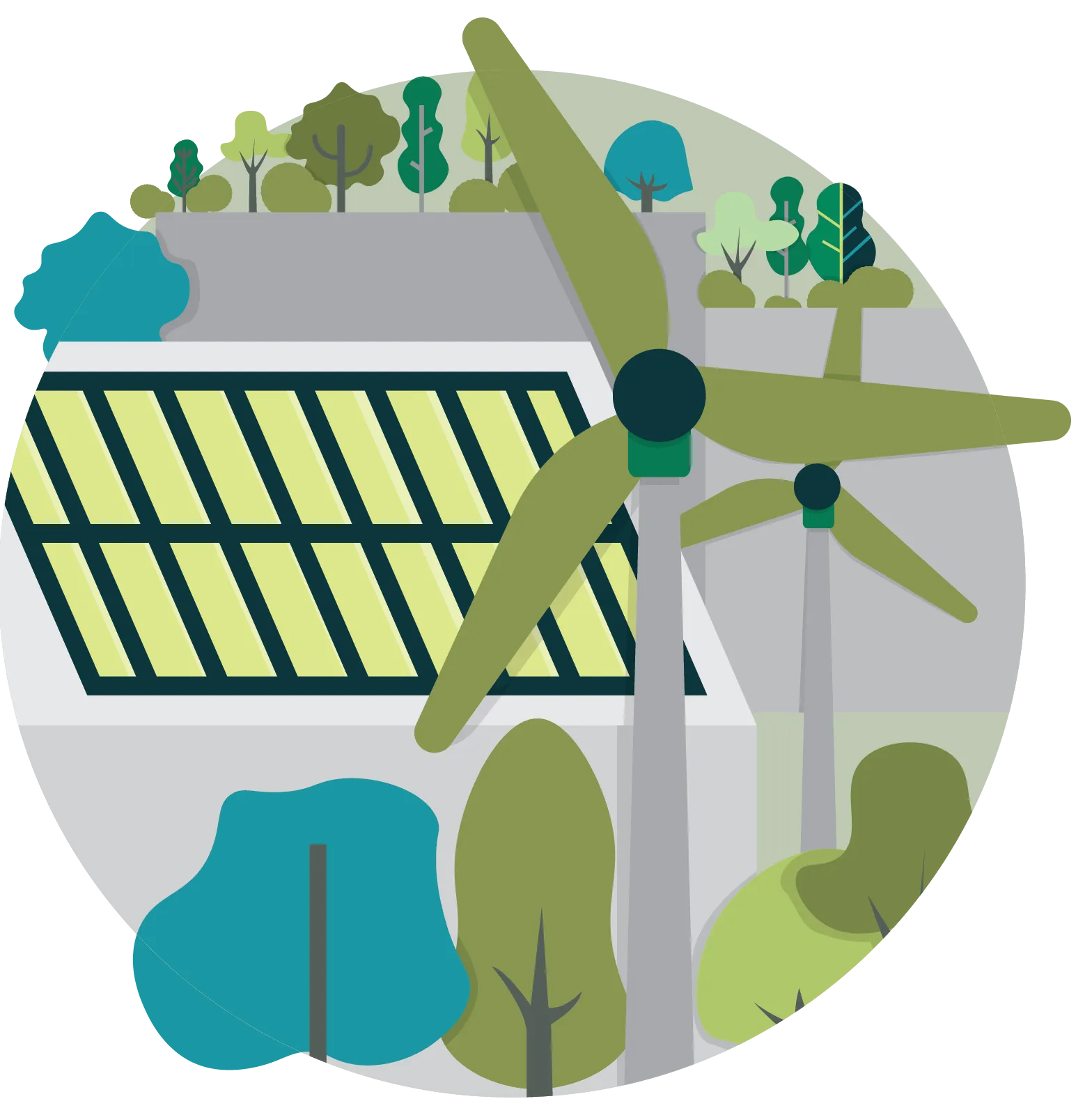 Illustration of solar panels and wind turbines atop campus buildings with some trees in the colors of the Sustainable Columbia brand