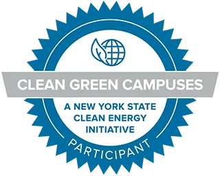 NYC Clean Green Campuses, a New York State Clean Energy Initiative logo, outline of leaf with a globe icon, circle logo with the text inside