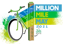 Bike NY's Million Mile May event logo with a bike near a 1 mile marker, colorful