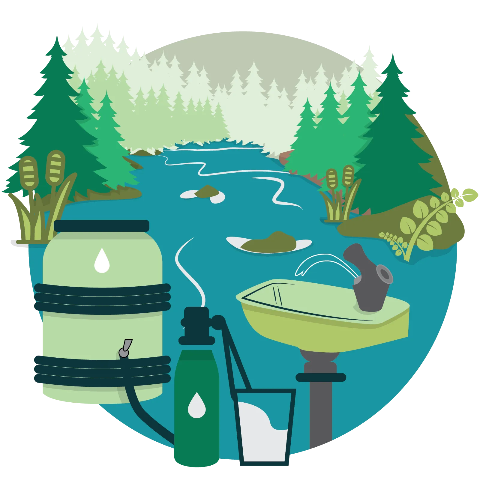 Illustration of a watershed with trees and a river in the background, with a water barrel, a water fountain, and a reusable water bottle in the foreground.
