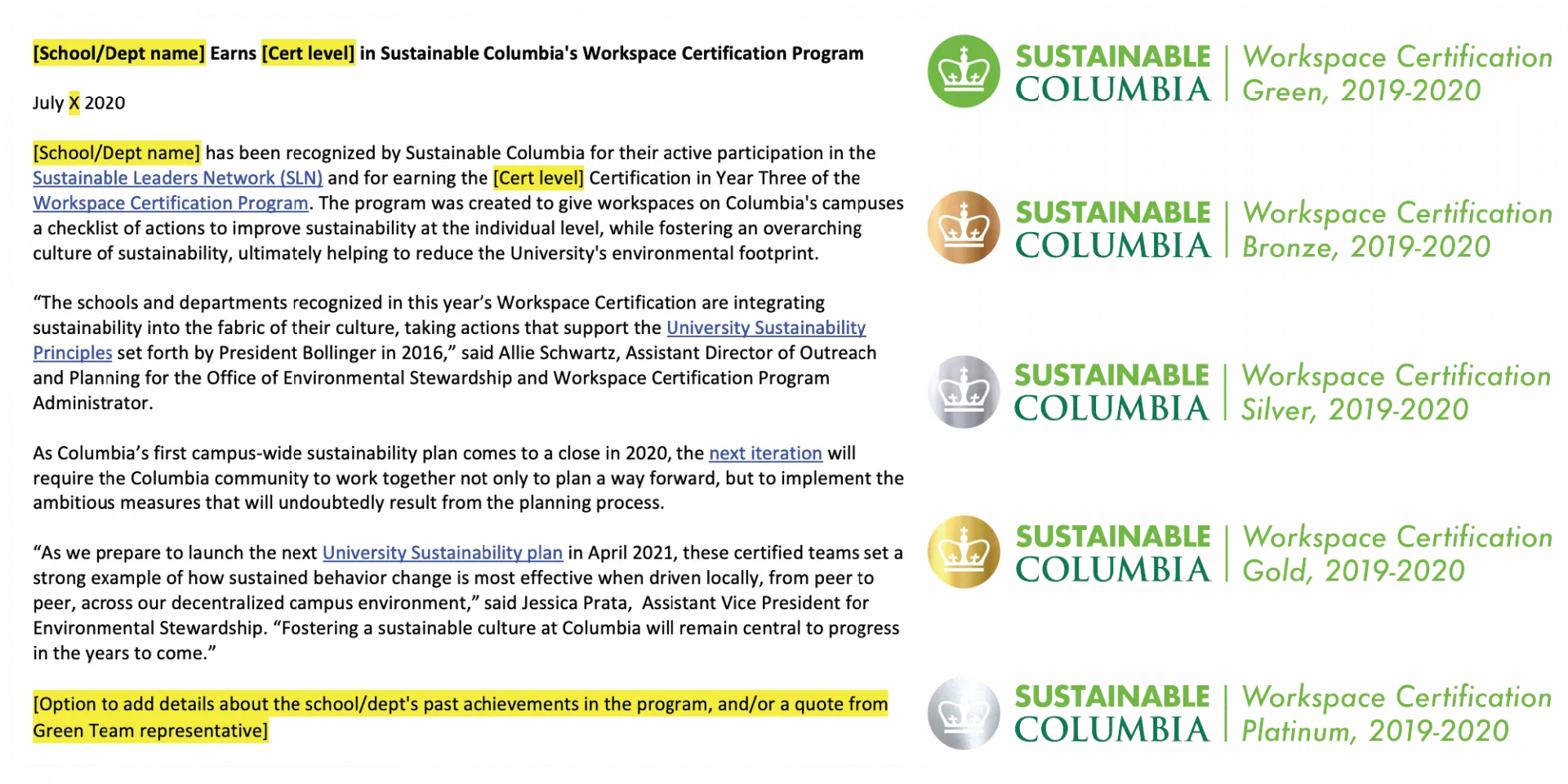 Press Release Template and Badges for each level of certification