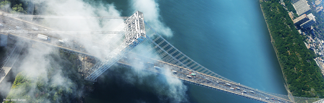 Aerial image of the Hudson River, George Washington Bridge, and CUIMC campus