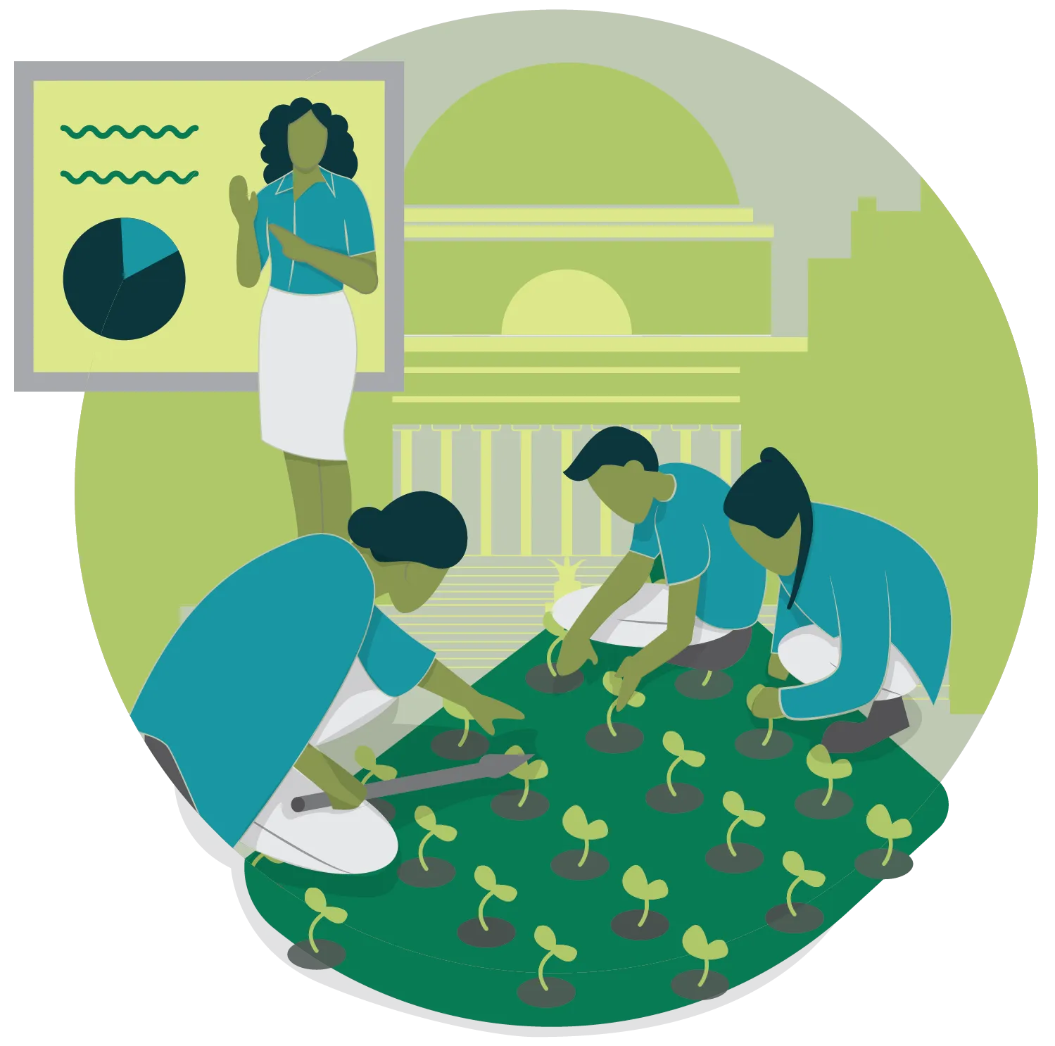 Illustration of campus with Low Library in the background, a person presenting in front of a classroom, and students gardening on a lawn on campus in the brand colors of Sustainable Columbia