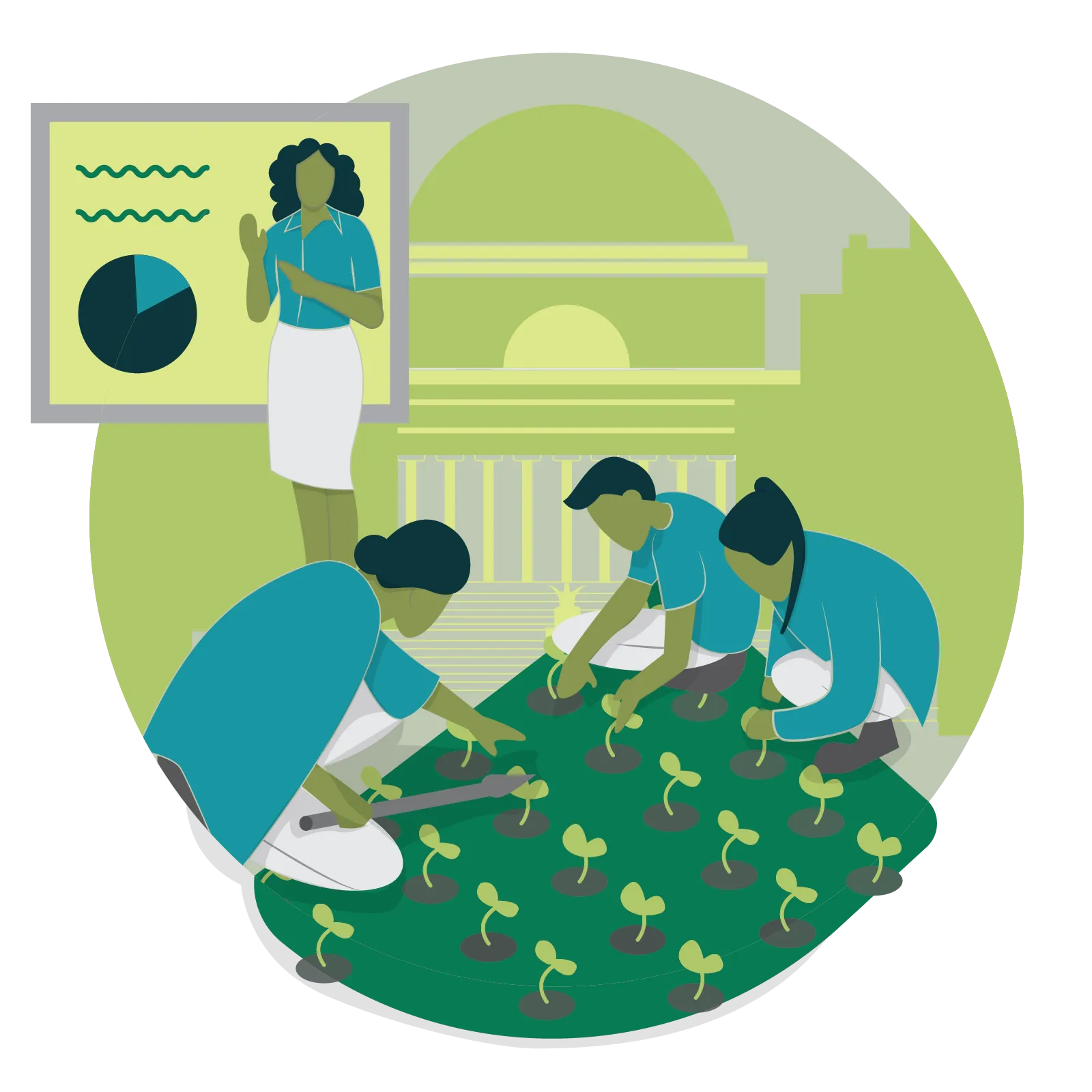 Illustration of professor teaching students, and student planting crops.