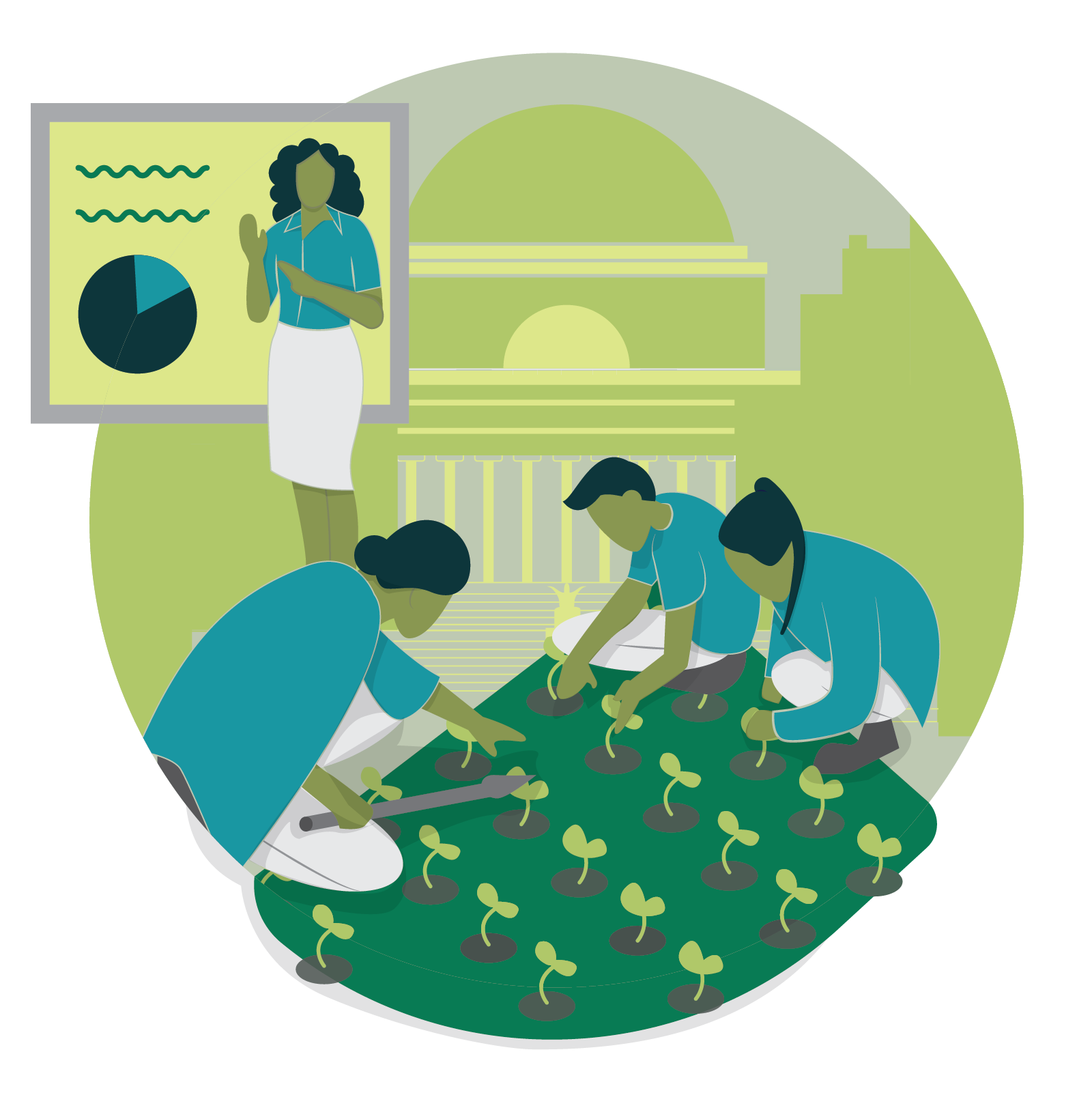Illustration of professor teaching students, and student planting crops.