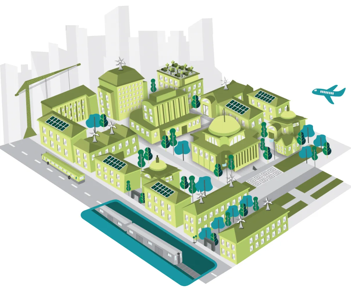 An illustration of Columbia's Morningside Campus with green infrastructure, such as wind turbines and solar panels, implemented into the design. Surrounding the illustration are six icons representing the six focus areas of Plan 2030: Campus Energy, Sustainable Transportation, Responsible Design and Construction, Culture Change and Campus as a Living Lab, Responsible Materials Management, and Water Conservation and Capture.