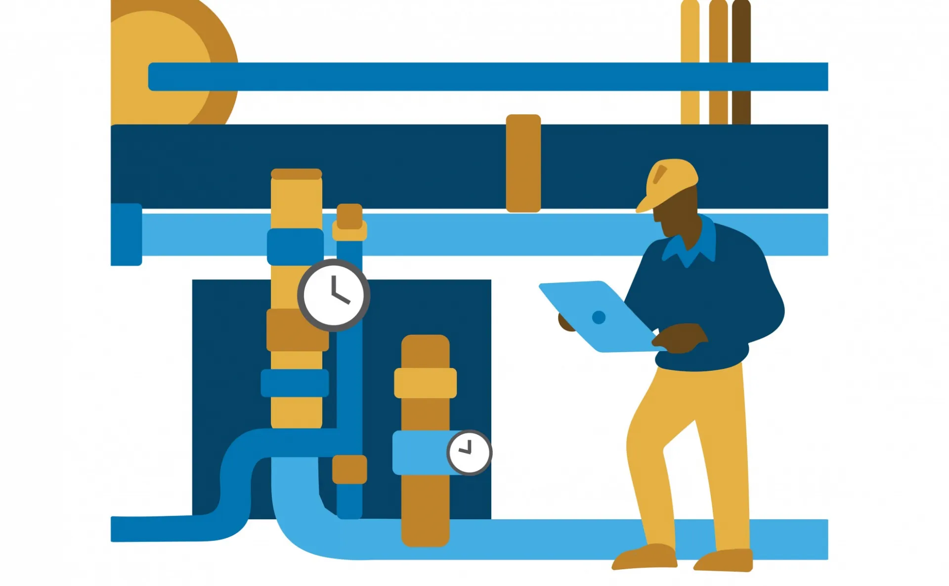 Illustration of an engineer holding a laptop while surrounded by an intricate steam piping system