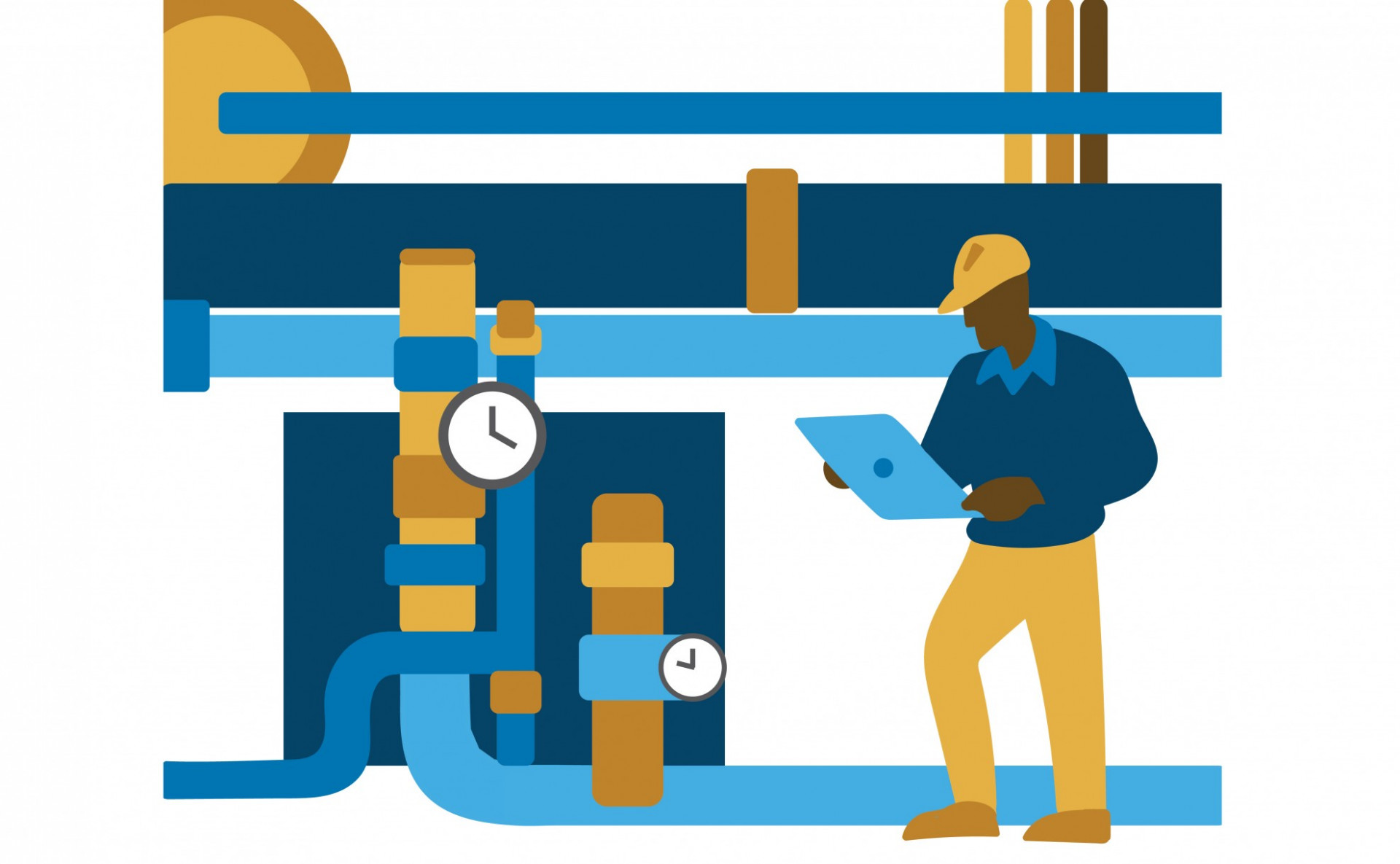 Illustration of an engineer holding a laptop while surrounded by an intricate steam piping system