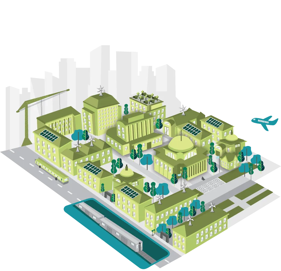 "Green Campus" illustration: An imagining of what Columbia's Morningside Campus would look like from above with solar panels and wind turbines. Each of the buildings is green in color to represent Columbia's efforts to utilize green energy to power campus, with the goal of net zero emissions by 2050.