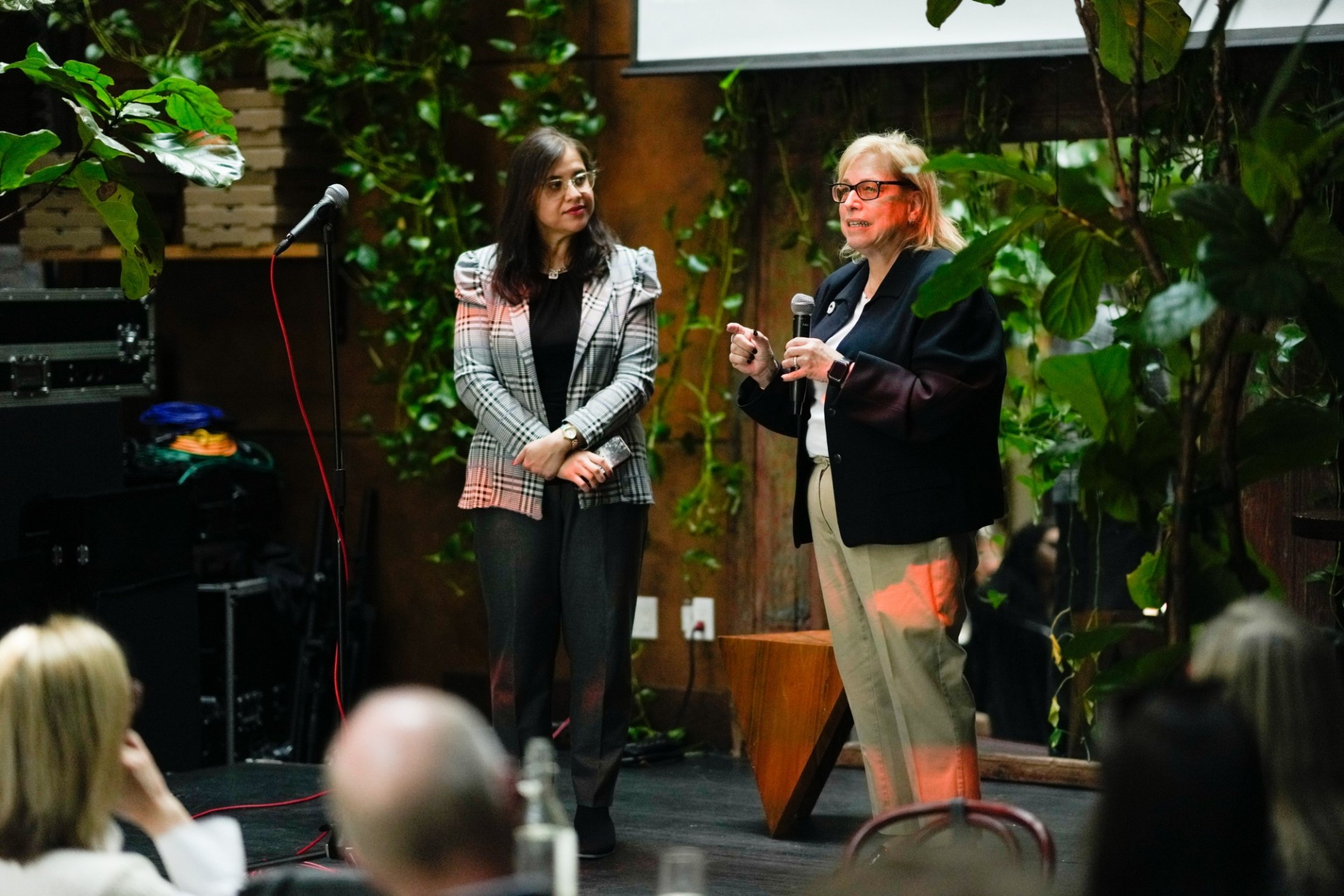 Samreen Afzal and Vicki Dunn speak on stage