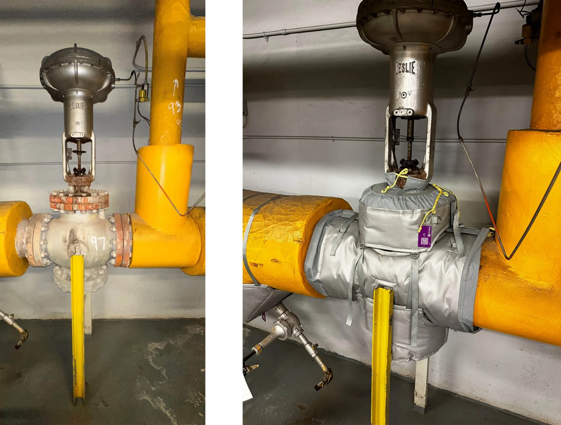 Before and after comparison of the steam pipes; photo on right shows a new valve jacket