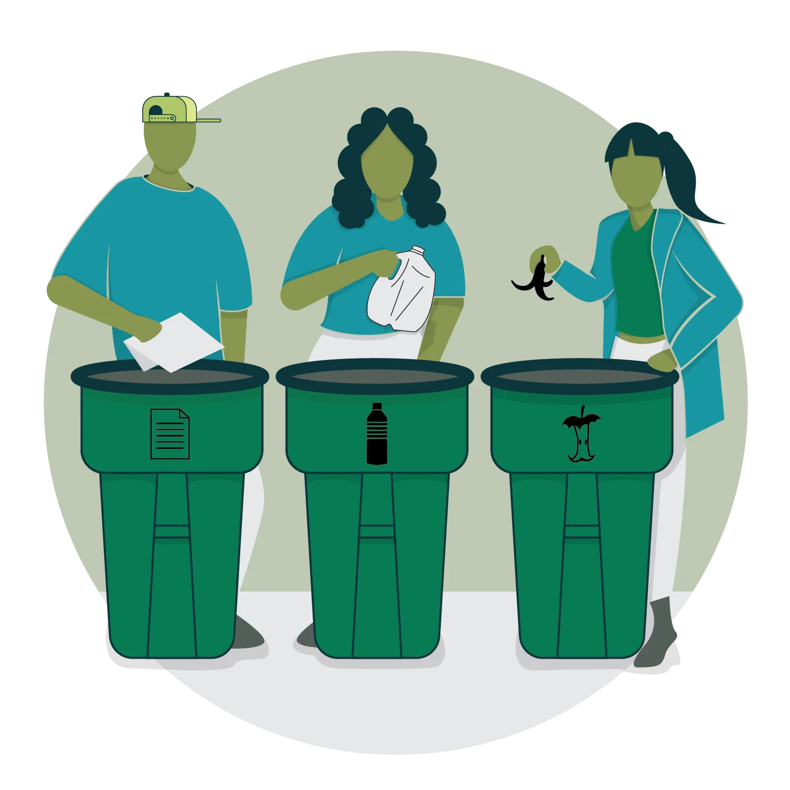 Illustration of three people each standing behind a recycling bin, and each of them are throwing away a piece of waste into the appropriate bin.